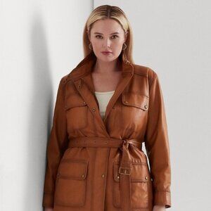 Lauren Ralph Lauren Oversize 4 Lambskin Leather Burnished Jacket NWT Cognac